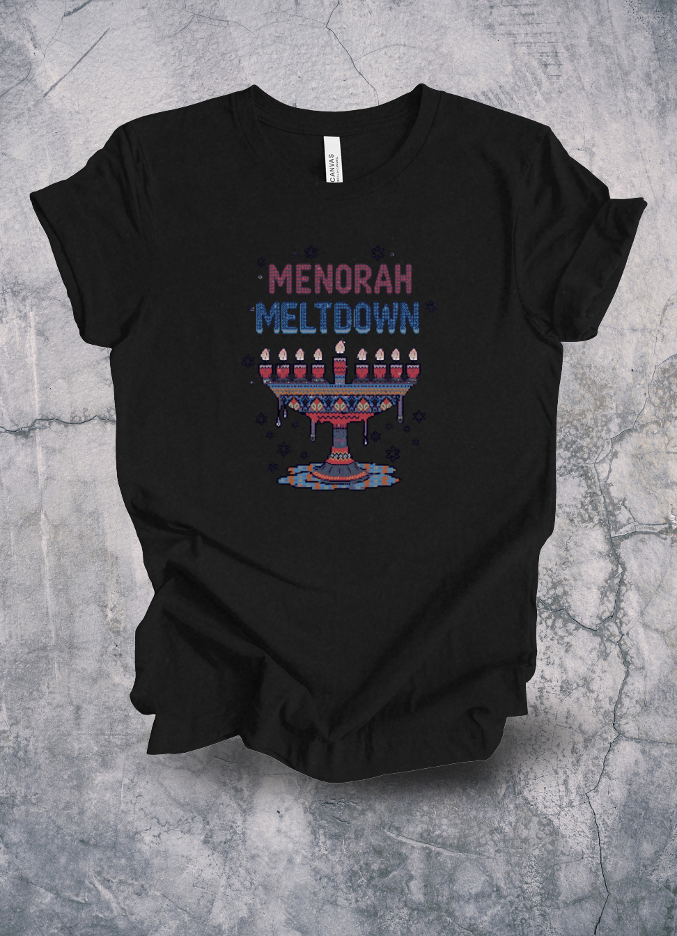Menorah Meltdown Ugly Hanukkah Sweater Shirt graphic t-shirt by Warped Soul Apparel