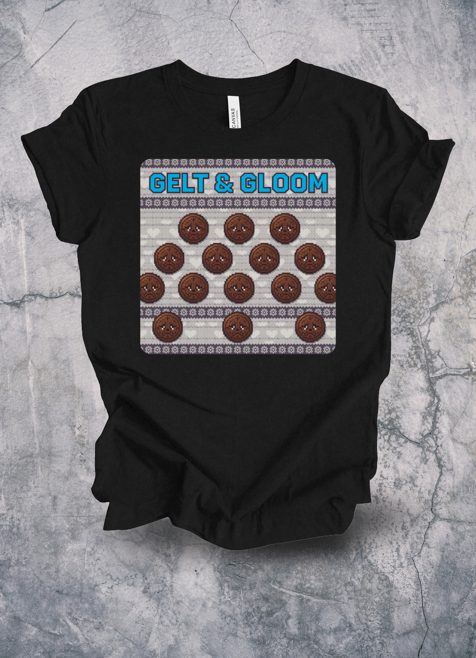 Gelt & Gloom Dark Chocolate Chanukah Ugly Sweater T-Shirt graphic t-shirt by Warped Soul Apparel
