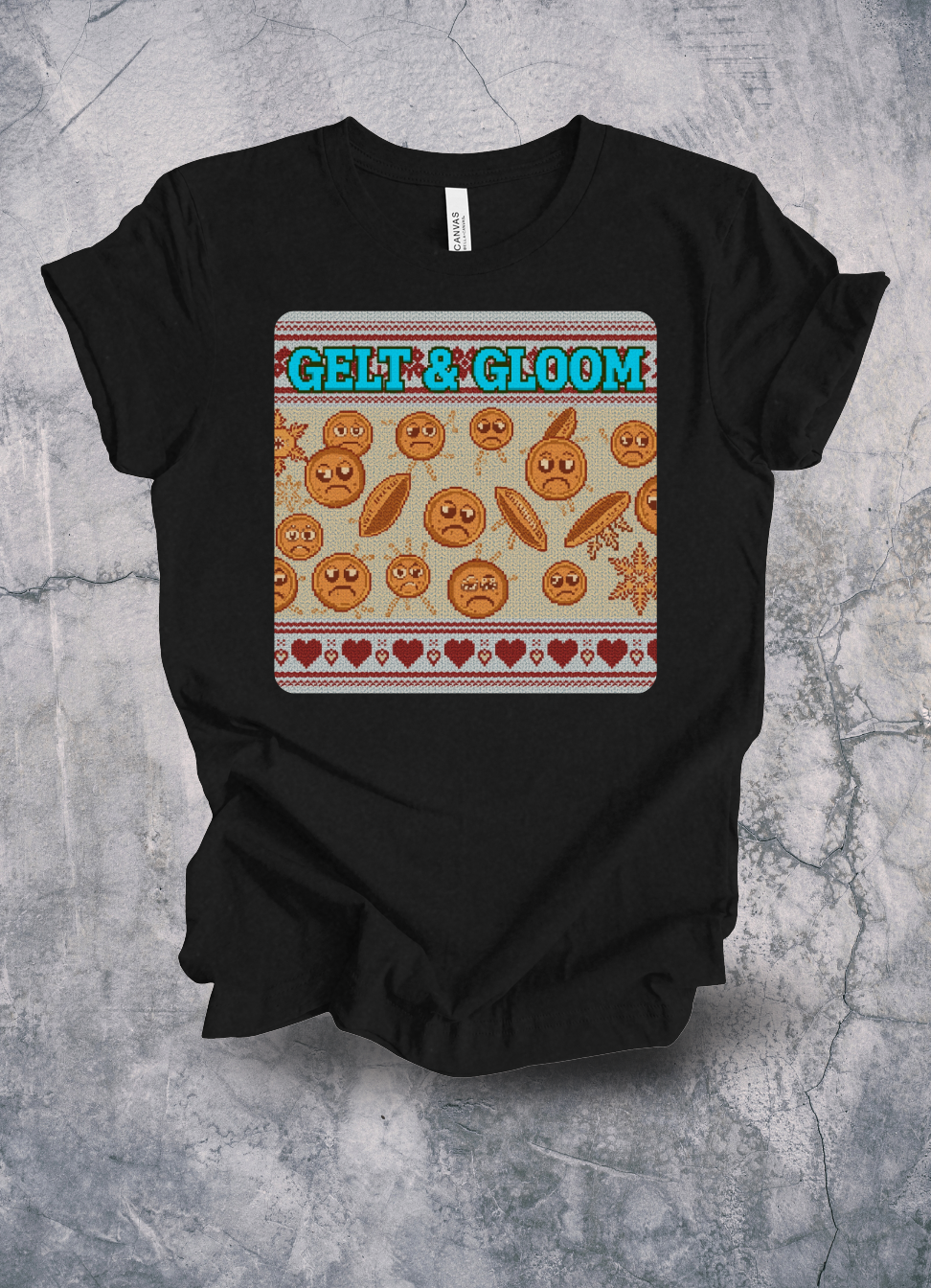 Gelt & Gloom Chanukah Ugly Sweater T-Shirt graphic t-shirt by Warped Soul Apparel