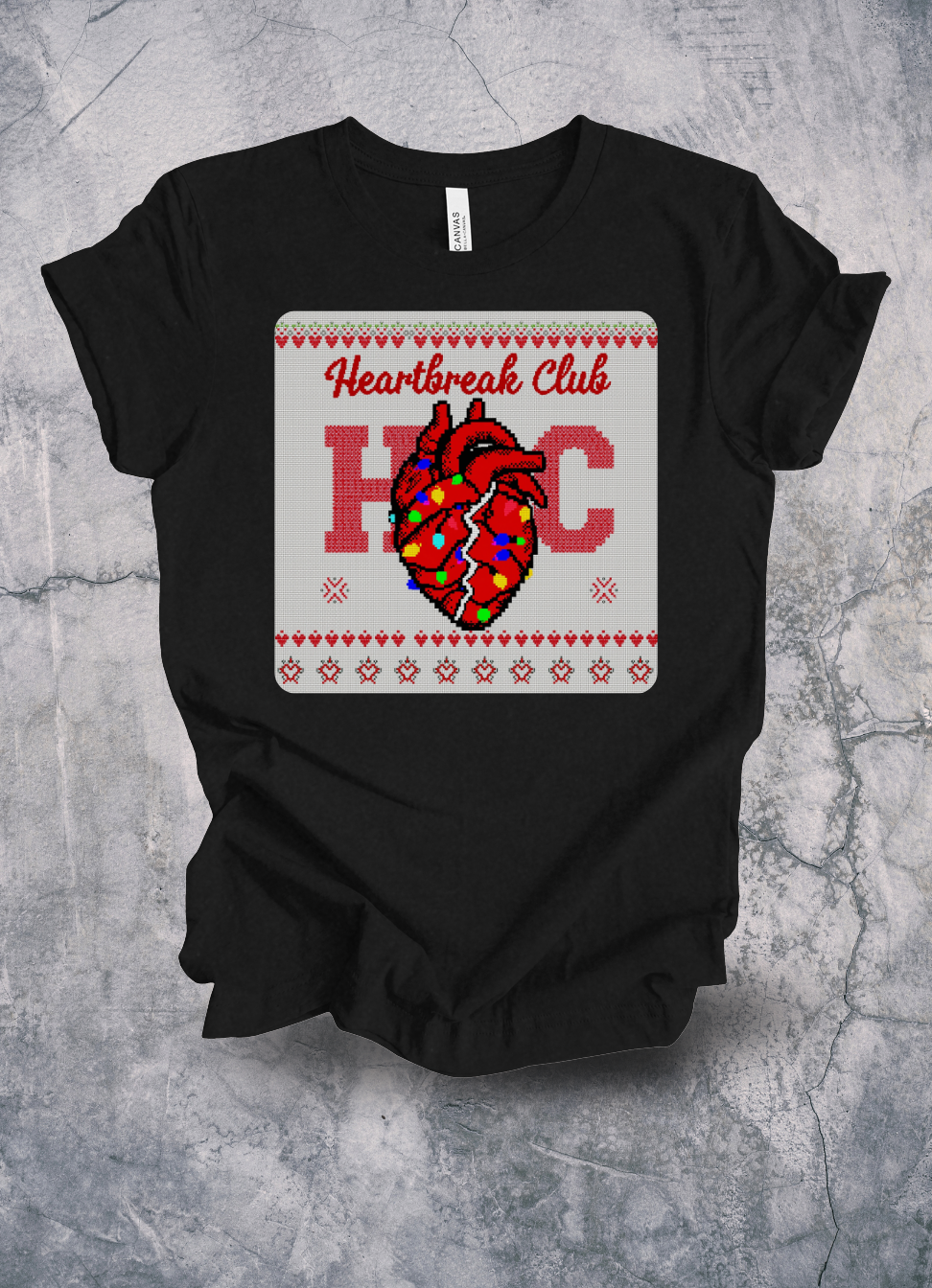 Holiday Heartbreak Club Pixel Knit Christmas Tee graphic t-shirt by Warped Soul Apparel