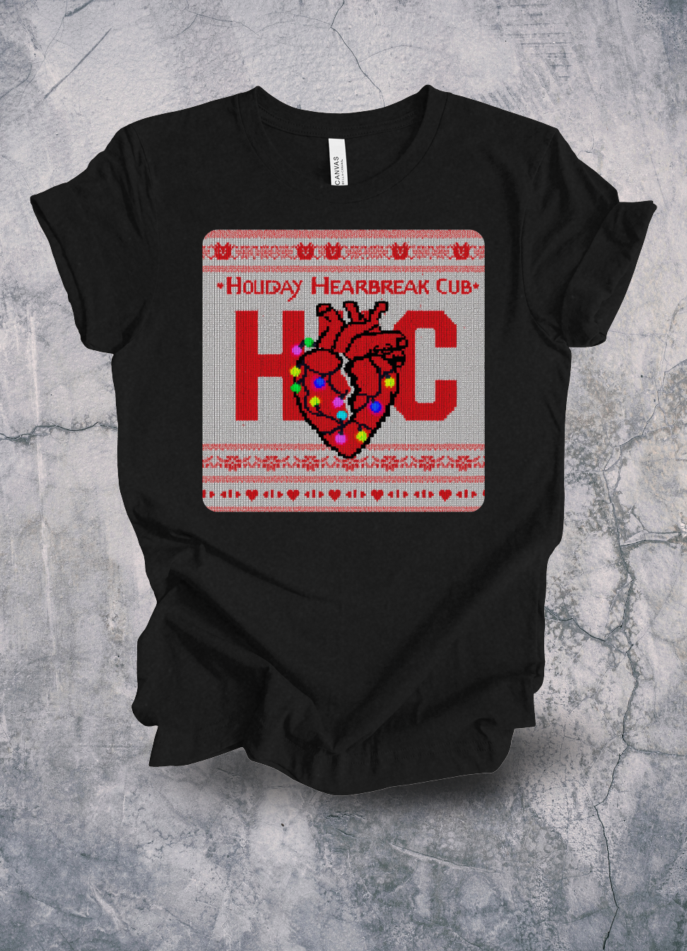 Holiday Heartbreak Club Cozy Knit Style Tee graphic t-shirt by Warped Soul Apparel
