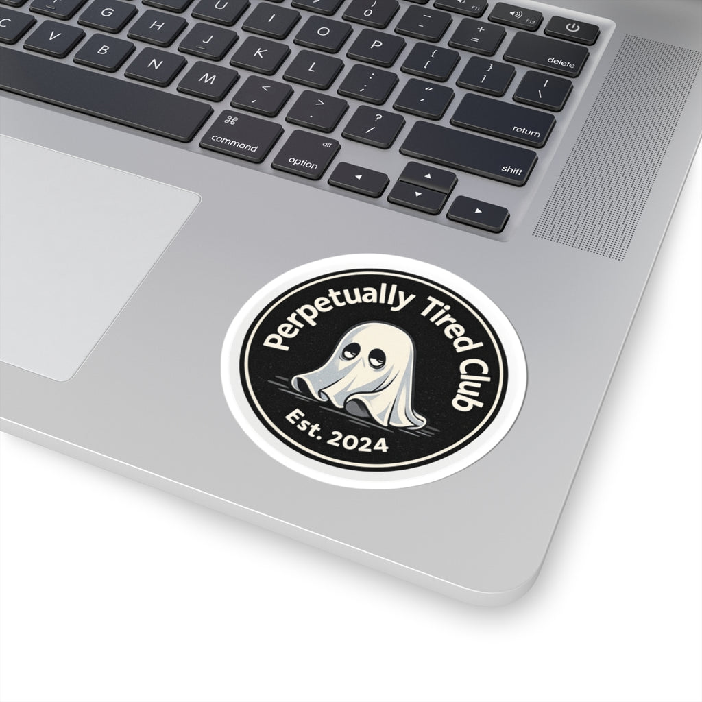 Perpetually Tired Club Sticker — Cute Ghost Kiss-Cut Laptop Decal (Est. 2024)